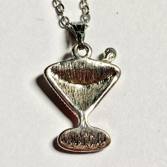 Martini Cocktail Drink Cup Glass Charm Necklace Pendant Pink Enamel 18" Chain - Picture 6 of 9